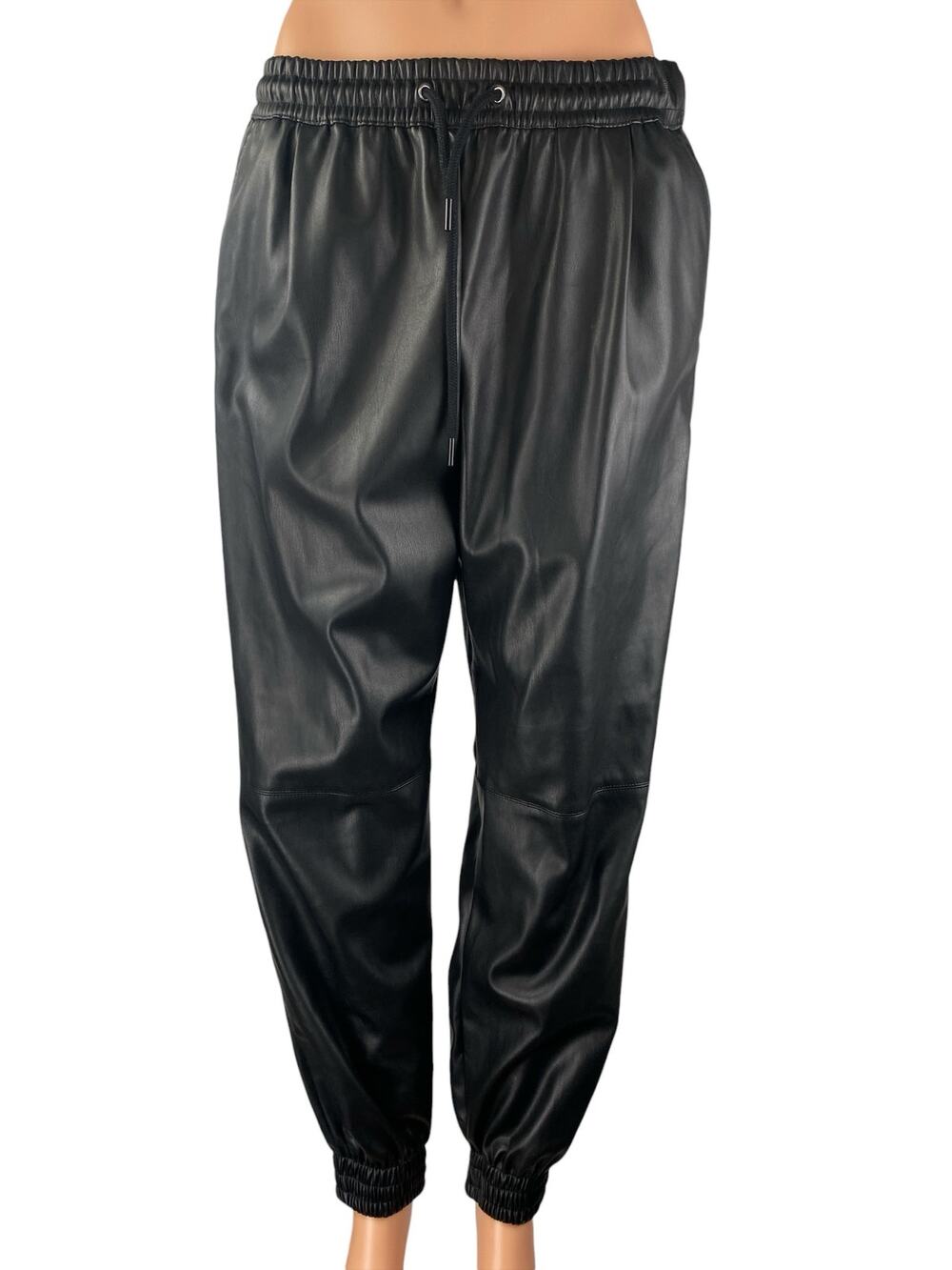ZARA Black Faux Vegan Leather Elastic Waist Tapered Joggers Trouser Pants Size M